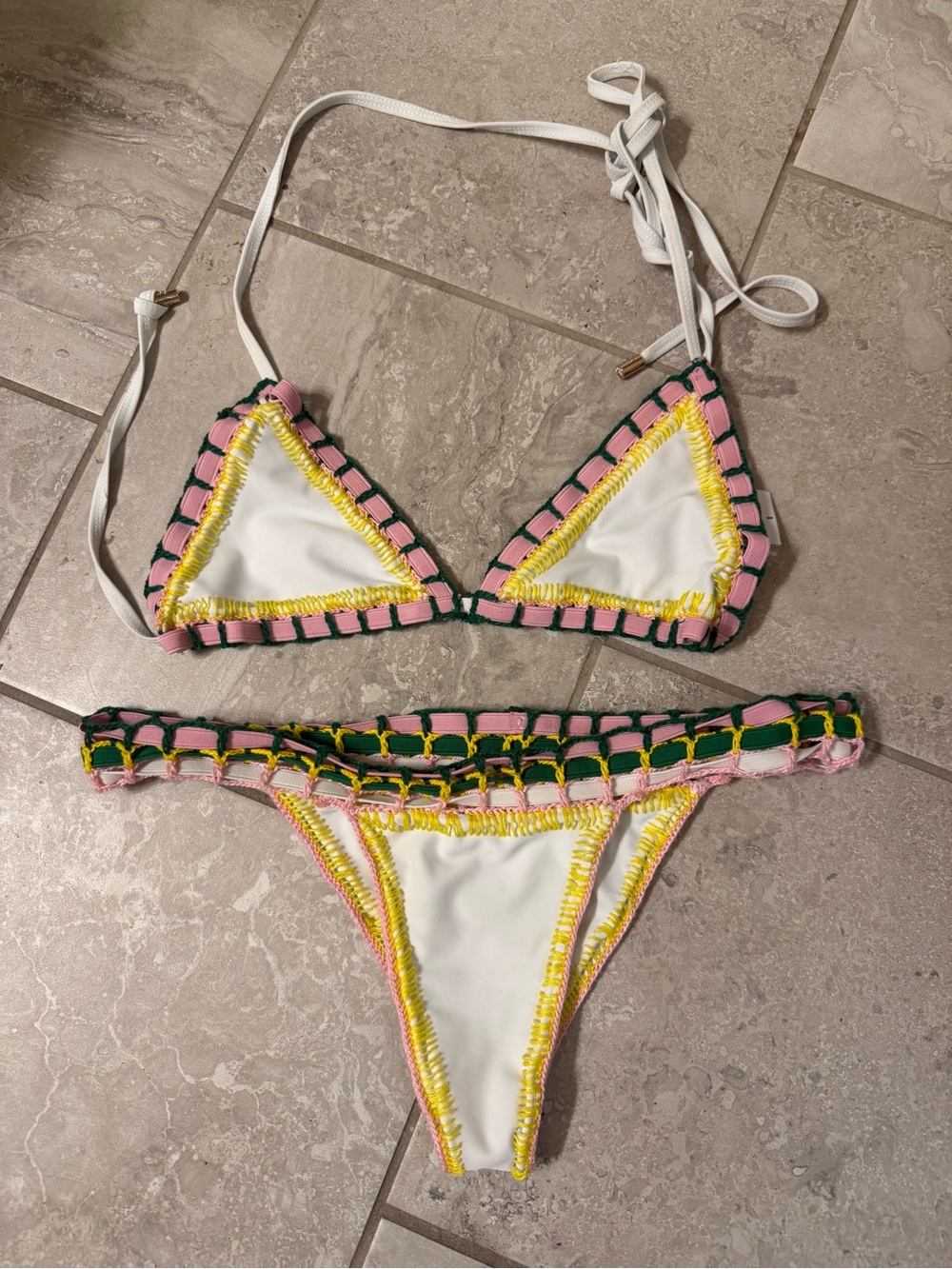 White Triangle Bikini with Pink & Green Accents